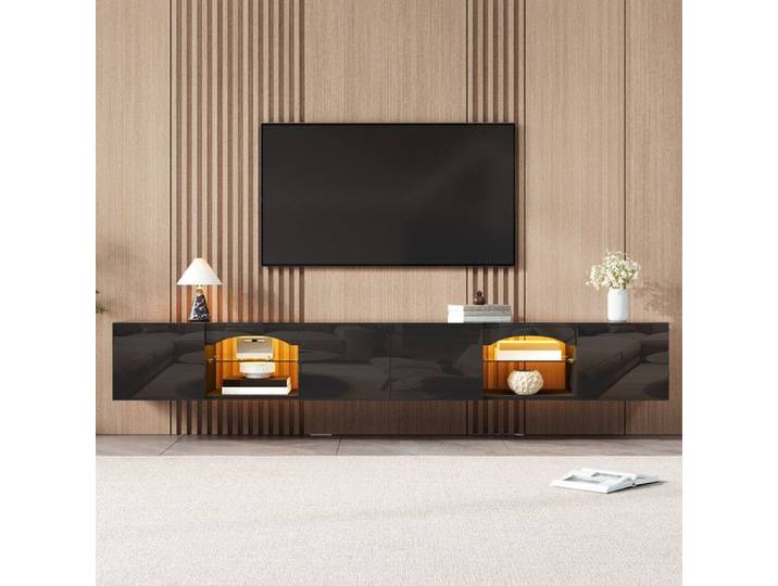 Meuble TV LED 4 portes Meuble TV suspendu 200x30x28cm Meuble TV moderne Meuble TV bas Éclairage LED 4 etagères en verre Noir