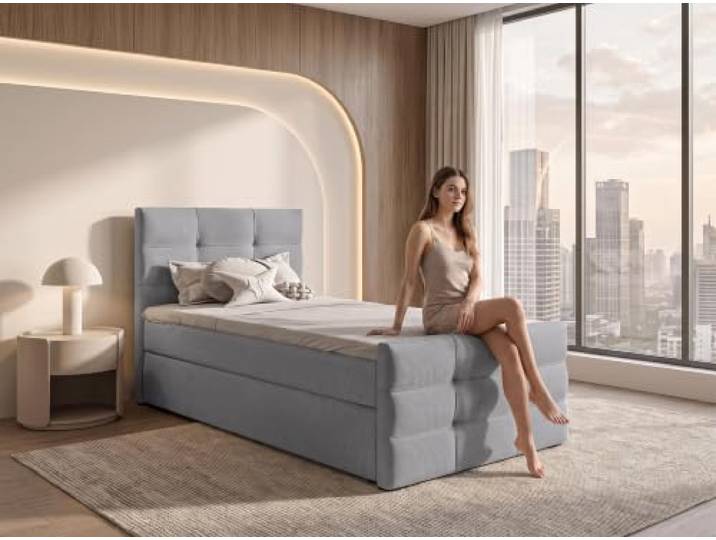AX Living Boxspringbett Defne 120x200 Hellgrau, Fußteil, ohne Topper Bettkasten mit Gasdruckfedern, Bonell H2/H3 und Komfortschaum.