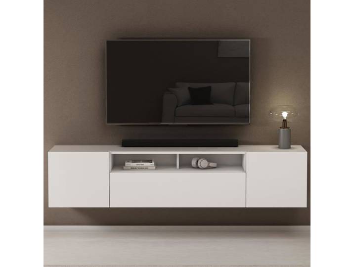 Sogood Meuble TV Bas 180cm Armoire TV Blanc Mat Table de Télévision Salon avec 3 Portes Meuble TV Suspendu MBTV03