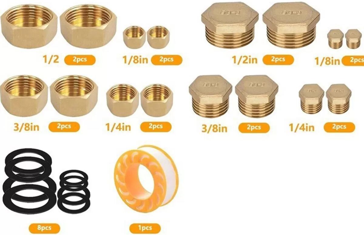 INF Kit de 16 bouchons et capuchons de tuyaux en laiton - Tailles assorties pour plomberie