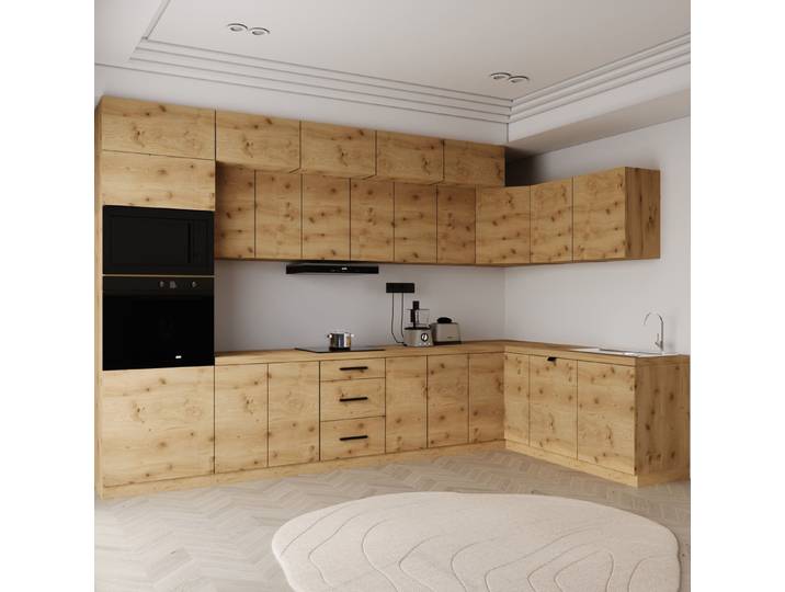 ROYAL24_MARKT Winkelküche - Nexa KL10-M360 - Grau / Beige / Woodline Matt, (Komplett Set), Edles Material - Zeitlos - Elegant