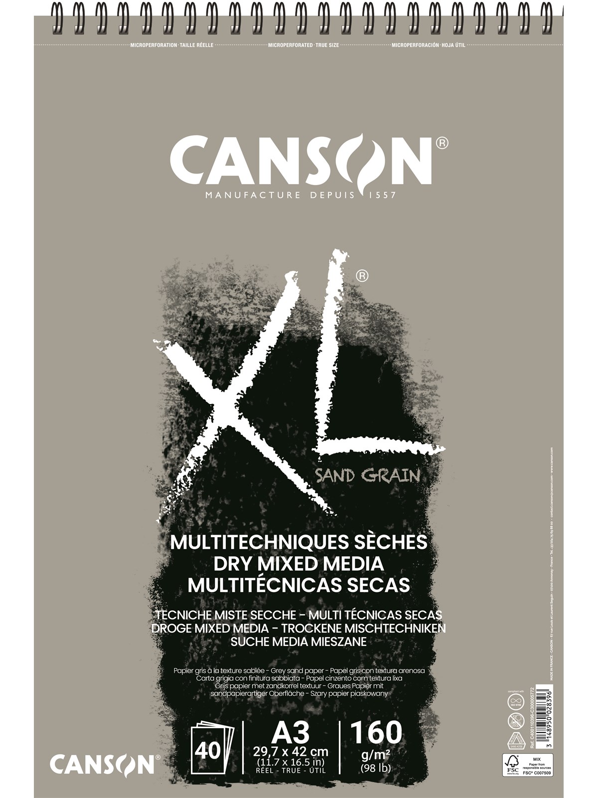 Canson XL Sand Grain A3 160G Grey Spiral 40 SH