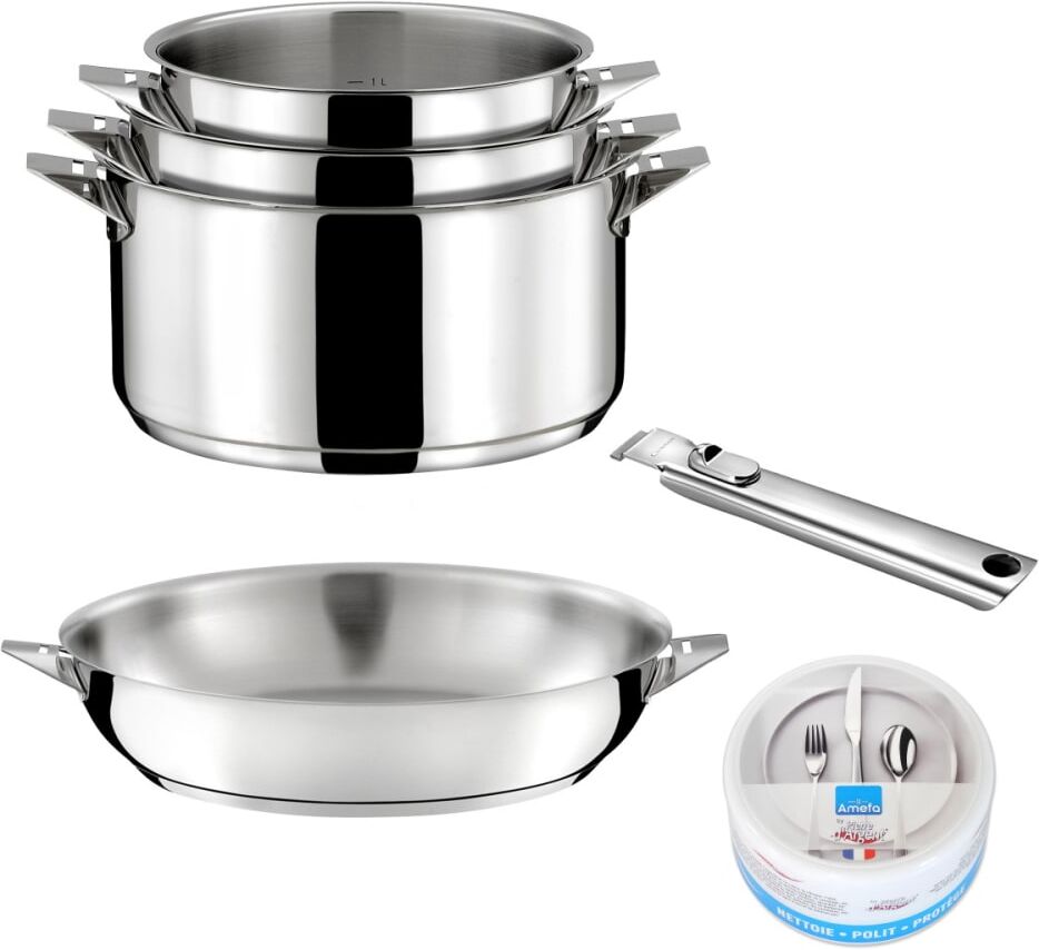 Cuisinox Lot 6 pièces - 3 casseroles 16/18/20cm, 1 poêle 24cm inox, 1 poignée Argenté 0x0cm