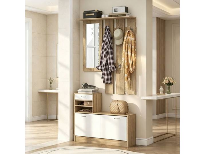 Penderie mobile - Armoire de couloir avec panneau porte-manteaux miroir et banc à chaussures Naturel Blanc