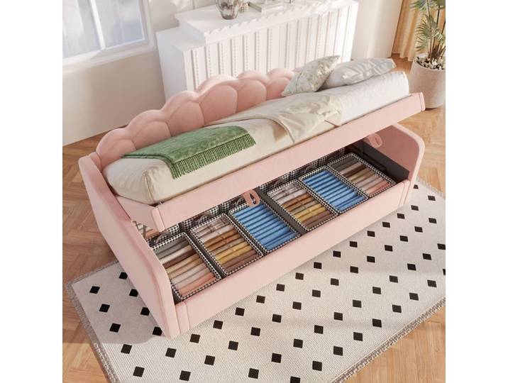 Canapé-lit hydraulique 90x200cm rose velours avec rangement & LED changeante - Méridienne simple - Sans Matelas