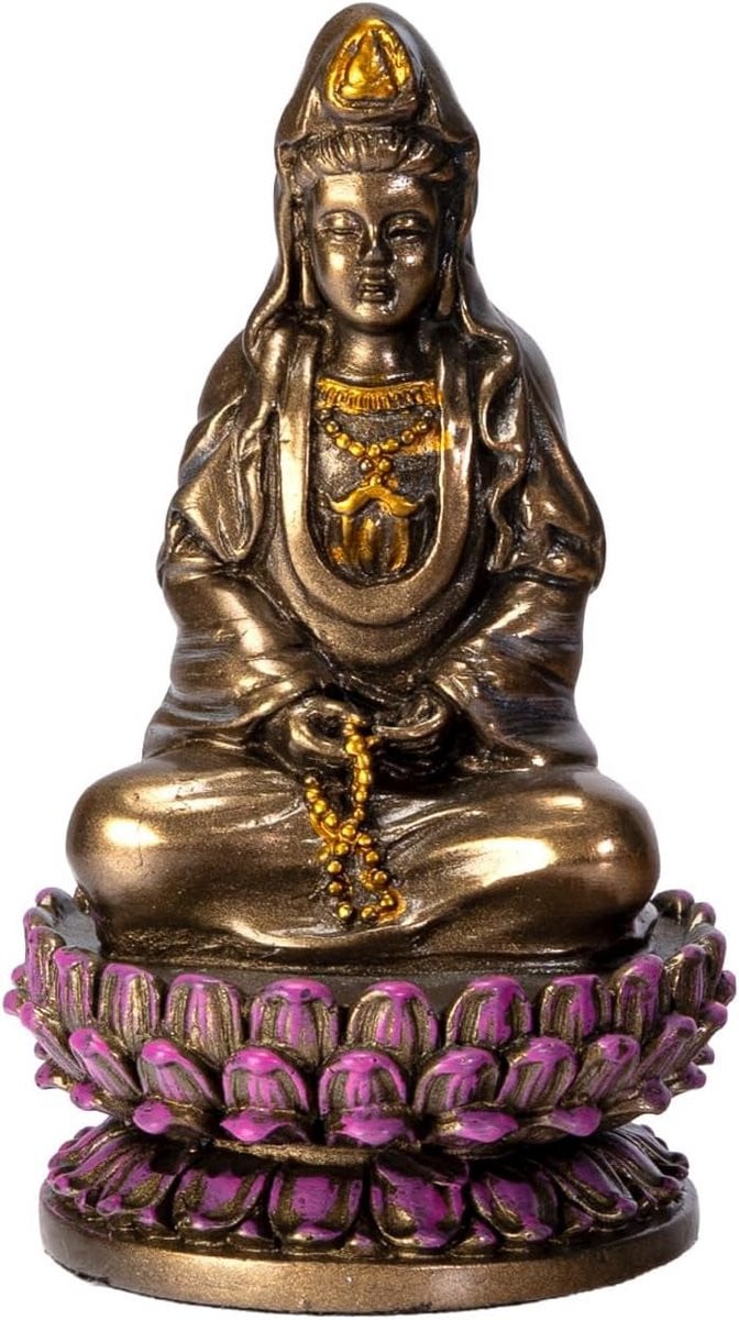 Handgeschilderd Kuan Yin Beeldje - Kleine Zittende Lotus - Brons Effect - Hars