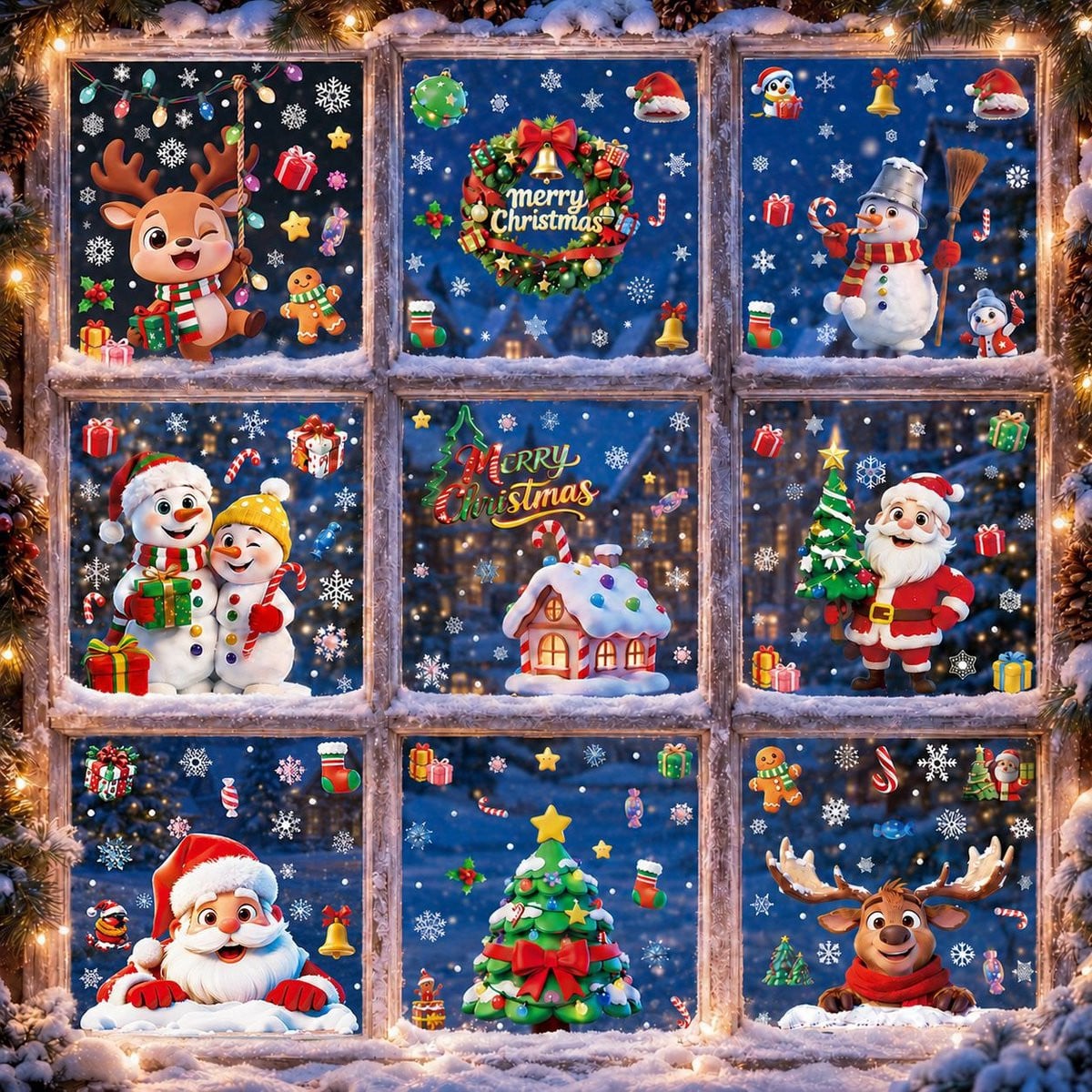 Set van 9 vellen statische kerst raamstickers met kerstboom, rendier en sneeuwman, multicolor
