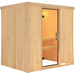 Karibu Sauna Bodin mit Fronteinstieg 68 mm-Ohne Ofen-Ohne Dachkranz-Klarglas Ganzglastür