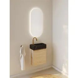 RIHO Spring Marble Tiny Wash-Set, Waschtisch mit Unterschrank, eine Tür, 1 Hahnloch rechts, 40x20x42cm, Marmor schwarz, F001576D05, Farbe: Nature Oak Holzdekor
