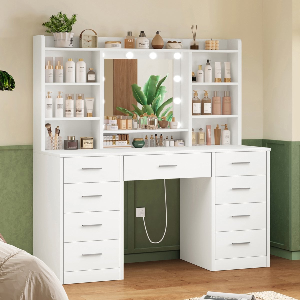 Moderne witte kaptafel met verlichting, stopcontact, 9 laden en 7 planken
