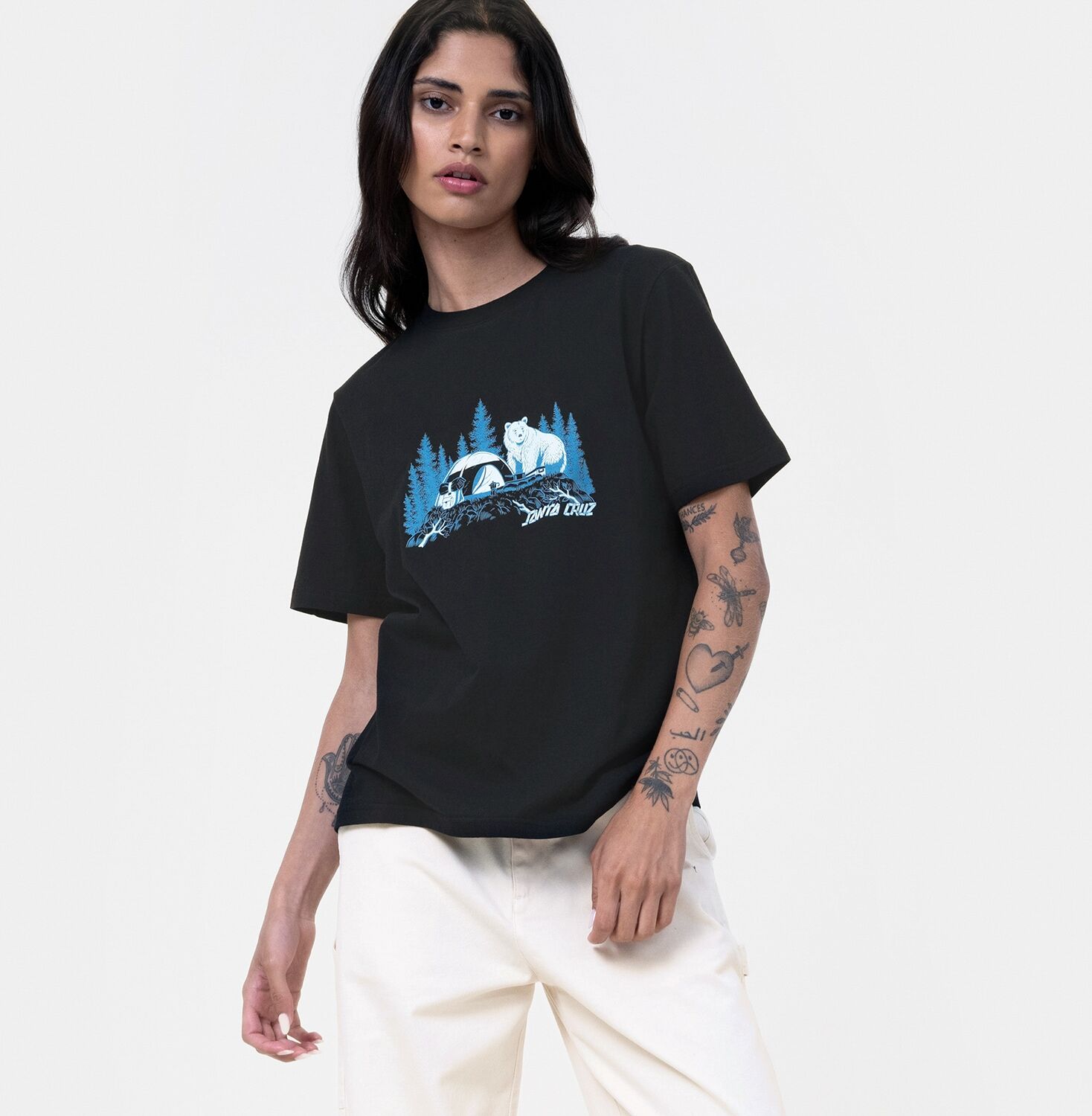 T-Shirt SANTA CRUZ "WOODLAND MINI STRIP FRONT T-SHIRT", Damen, Gr. L (12), schwarz, Obermaterial: 100% Baumwolle, Shirts T-Shirt schwarz L (12)