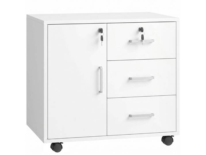LIA Caisson bureau meuble de rangement verrouillable avec 3 tiroirs et étagère réglable roulettes 40 x 60 x 56 cm blanc