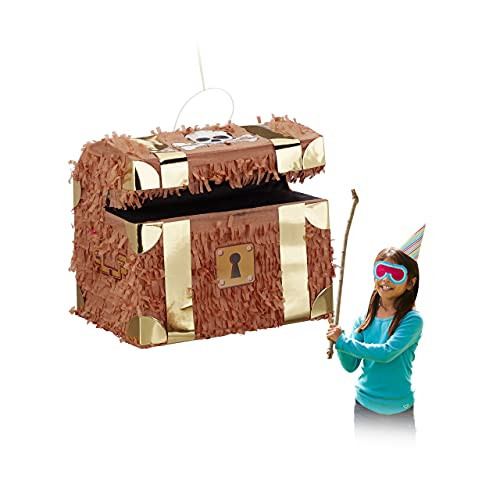 Relaxdays Pinata Schatkist Bruin en Goud, H 27 x B 30 x D 23 cm