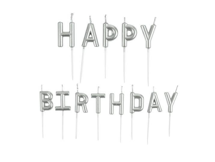 Geburtstagskerzen Happy Birthday, Kuchenkerzen mit Spiess, silber, 2 x 3 cm (ohne Spiess)