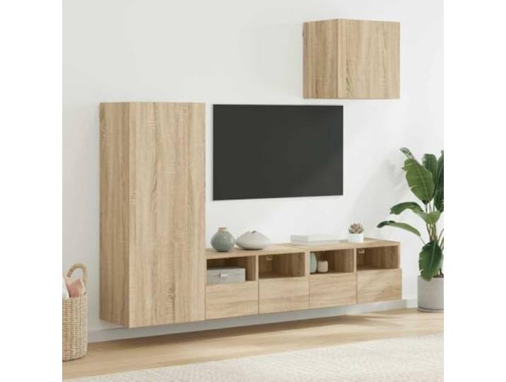 HEFZGDB 4-TLG. TV-Wandschrank Wohnwand Sonoma-Eiche Holzwerkstoff mit Montagemöglichkeit und reichlich Stauraum für Medien und Bücher, Robustes Design für Wohnzimmer und Arbeitszimmer