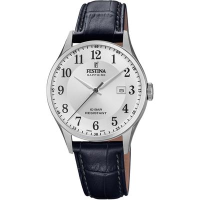 Quarzuhr FESTINA "Swiss Made Collection", schwarz (schwarz, silberfarben), Armbanduhren, Damen, silberfarben, Quarzuhr, Armbanduhr, Herrenuhr, Damenuhr, Datum, Lederarmband, Saphirglas