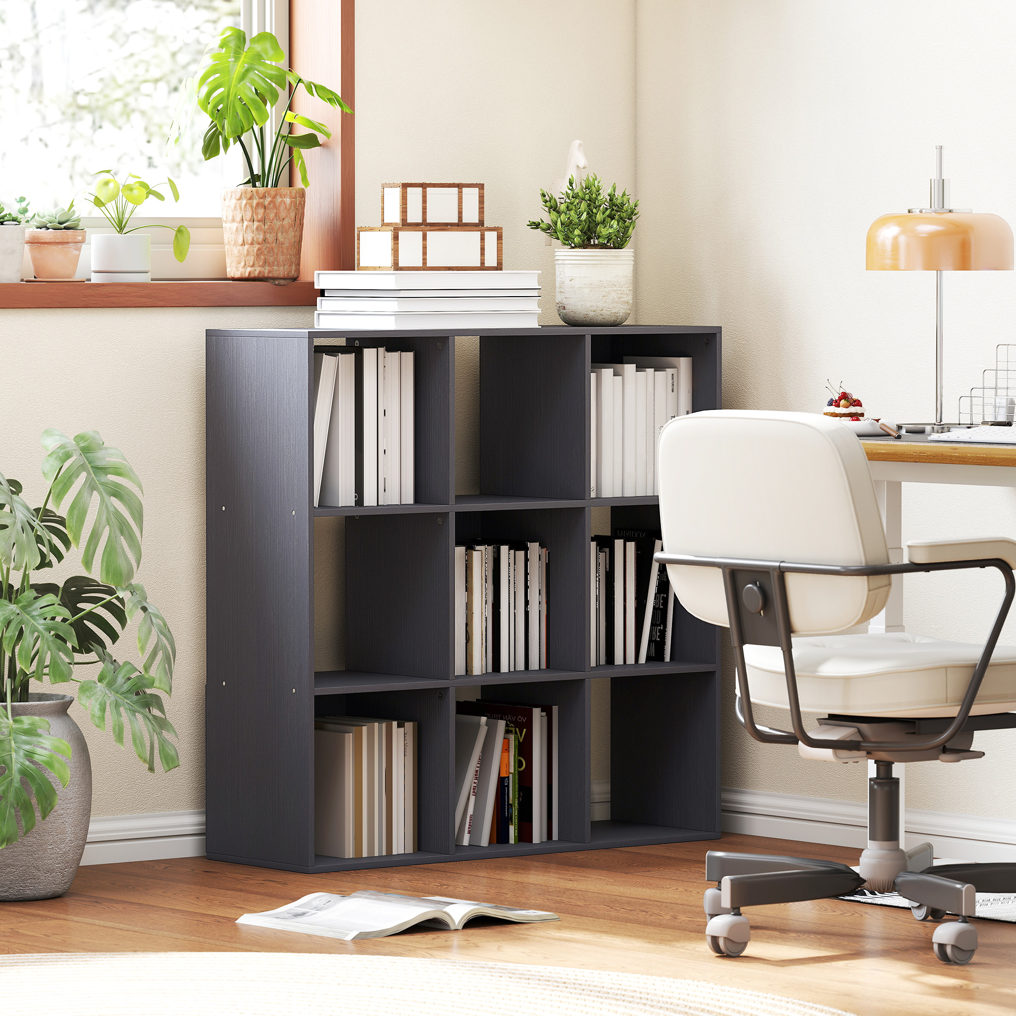 Homcom Libreria, scaffale contenitore a 3 livelli con 9 scomparti, per soggiorno, ufficio, camera, 91x29,5x91cm, grigio   Aosom Italy