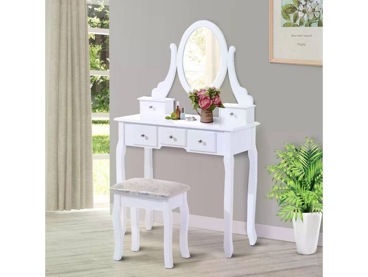 HOMCOM Coiffeuse+Tabouret Bois Blanc Style Baroque