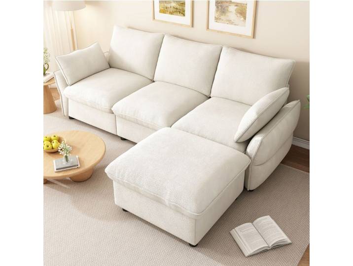 Canapé d'angle fixe 3 places EVRYAE en chenille beige 222 5 x 154 5 x 76 5 cm avec 1 hocker