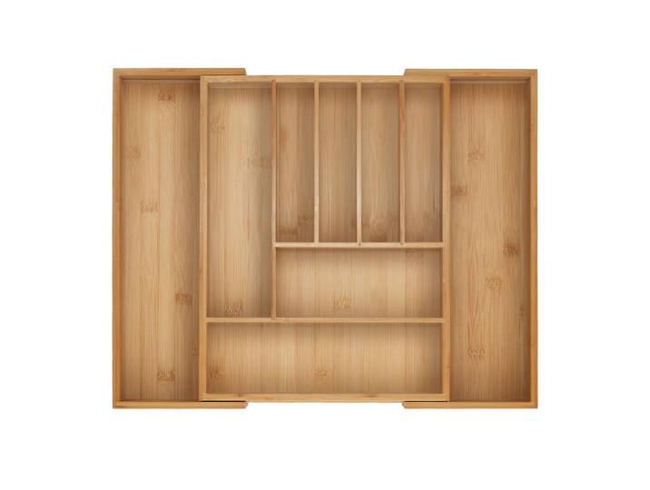 Relaxdays Besteckkasten Natur Bambus ausziehbar 7 bis 9 Fächer, Hellbraun, Holz, Kunststoff, 9 Stück Fächer, Rechteckig, 47.5x5x38 cm, Küchenzubehör, Küchenhelfer, Besteckeinsatz