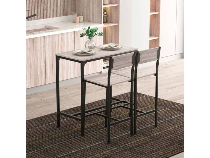 Table bar 3 pièces avec 2 chaises ensemble en MDF et métal naturel noir 89x45x87 cm JOINERY