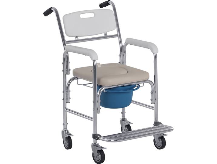 HOMCOM Chaise percée à roulettes - fauteuil roulant percé - chaise de douche - seau amovible\, accoudoirs\, repose-pied - acier chromé HDPE blanc