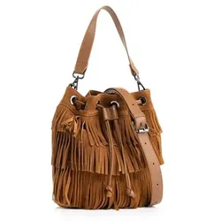 VIA MILANO Beuteltasche echt Leder Fransen Mittelfach