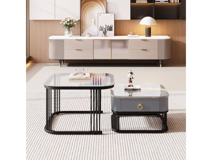 Merax Couchtisch 2er Set,Wohnzimmer Tisch,Satztisch Sofatisch Kaffeetisch Tisch-Set mit eine Schubladen Hochglanz-Marmoroptik, Goldenen Akzenten（Tippe E）