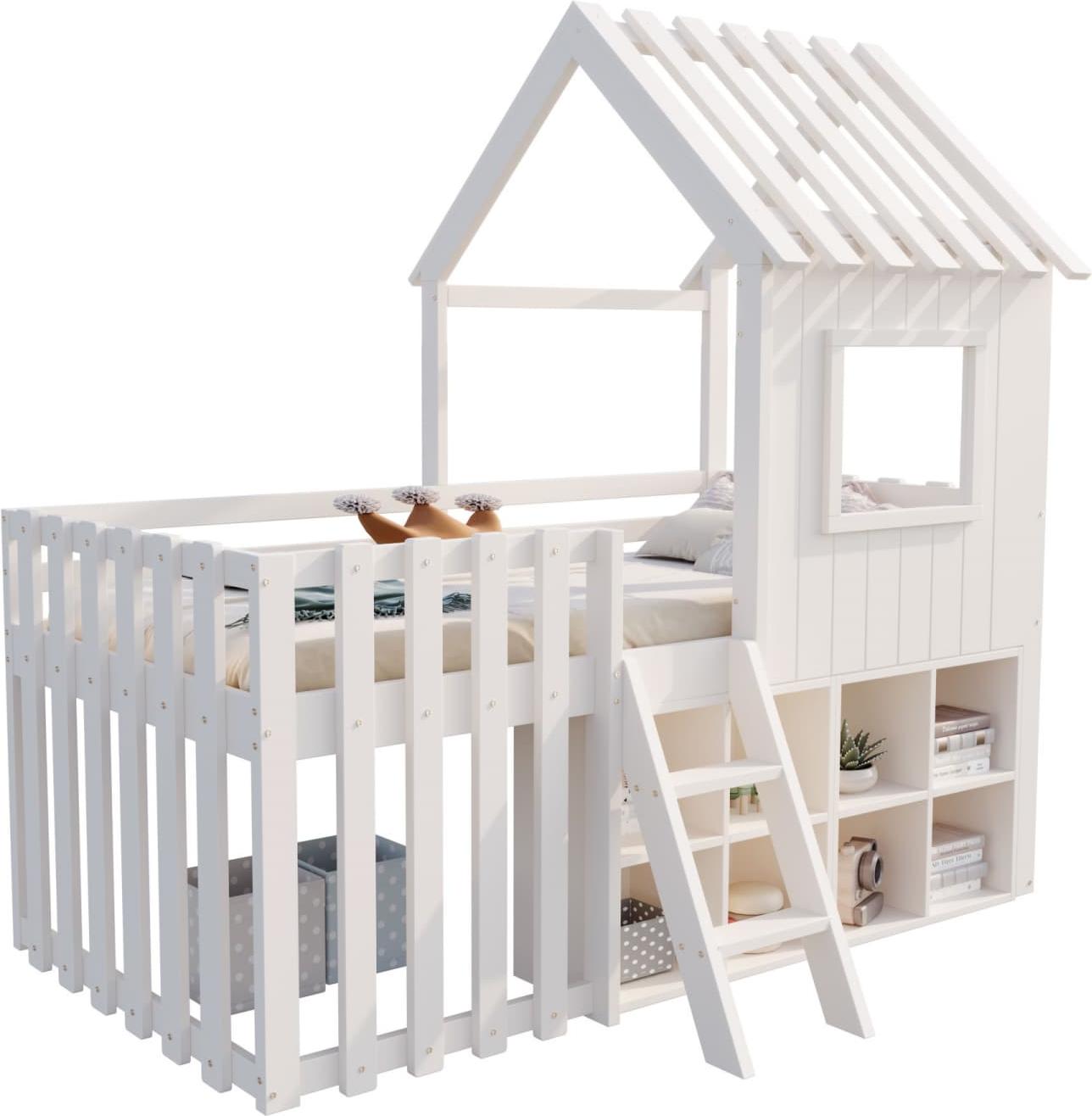 Kinderbett Hausbett 90x200, mit Dach und Fenster, mit offenem Stauraum, mit Kletterleiter, Massivholz-Kinderetagenbett ohne Matratze, weiß