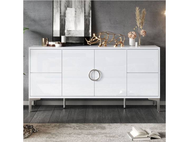 Buffet 150x38x59 5 cm avec 4 tiroirs et 2 portes façade sans poignées pieds métal MDF blanc brillant