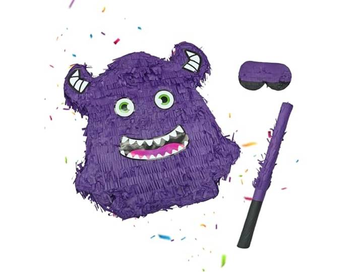 Relaxdays Piñata Monstre\, avec bâton et masque\, piñata d'anniversaire\, à remplir\, H x L x P : 40 x 35 x 9 cm\, lilas