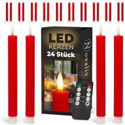Novaliv, LED Kerzen, LED Stabkerzen 24 Stück ECHTWACHS gerippt ROT - mit Timer Funktion 6 Stunden - 23cm Höhe für Kerzen (24x)