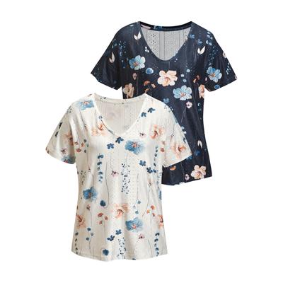 Kurzarmshirt VIVANCE "aus recyceltem Material", Damen, Gr. 52/54, bunt (creme, navy), Stoff, Obermaterial: 90% Polyester (REPREVE), 10% Elasthan, bedruckt, figurumspielend normal, V-Ausschnitt, Shirts, bügelfreie Qualität mit Ajourstruktur
