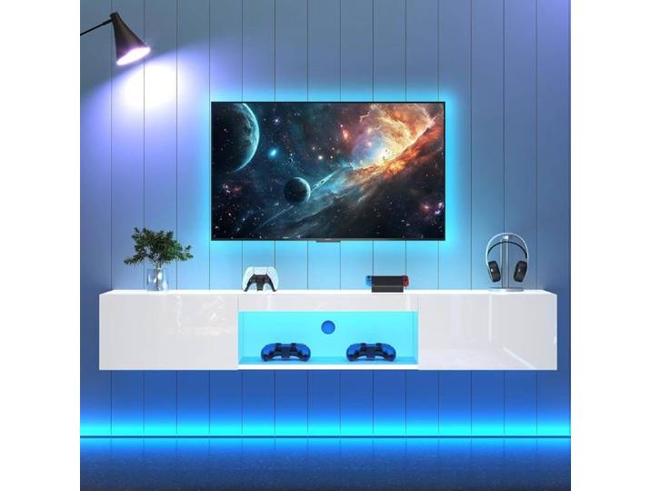 Meuble TV Blanc et Bois avec LED Meuble TV Suspendu avec 2 Cabinets et 1 Compartiment Banc TV pour Salon 160x31x22cm Blanc