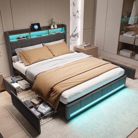 Gestuftes Doppelbett mit LED-Beleuchtung und USB-Ladefunktion - 140 x 200 cm mit Stauraum