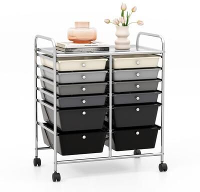 Costway 12-Drawer Rolling Storage Cart with Removable Drawers and Lockable Wheels-Gray