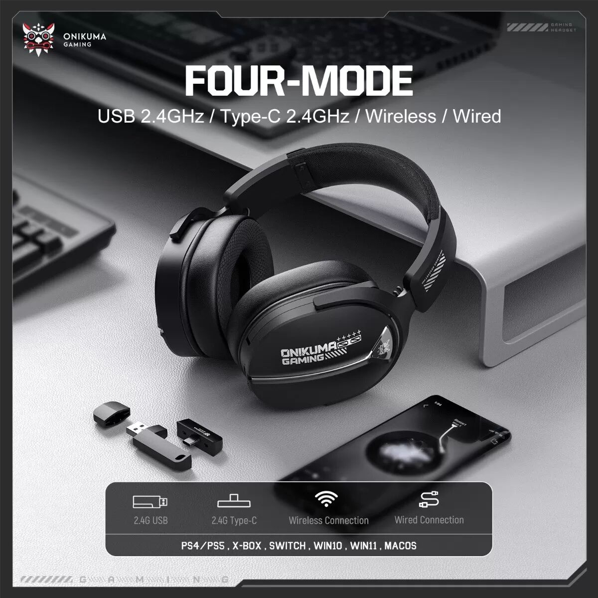 INF Casque gaming circum-aural sans fil tri-mode (Bluetooth 5.3 / 2.4G / filaire) - Autonomie longue, faible latence, micro Le noir