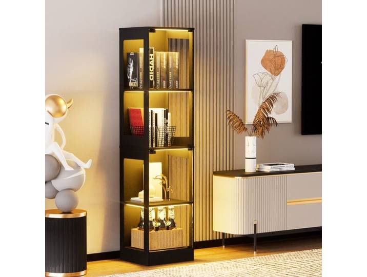 Vitrine en Verre - 40x35x165 cm - 4 Niveaux avec Éclairage LED Intelligent et Capteur de Mouvement - Design Moderne - Noir