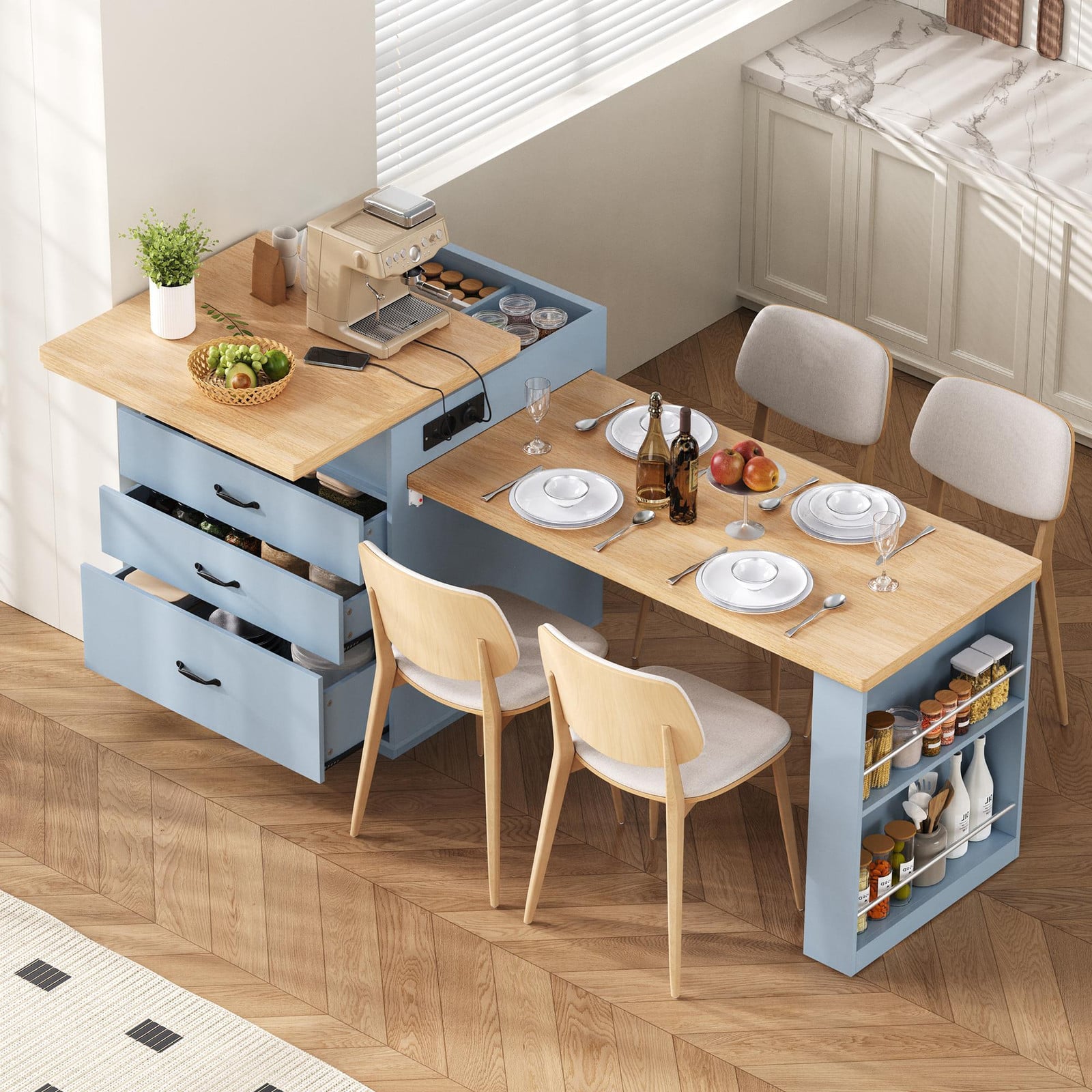 STILVORA Keukeneiland met uitschuifbare eettafel, LED-verlichting en stopcontacten, blauw