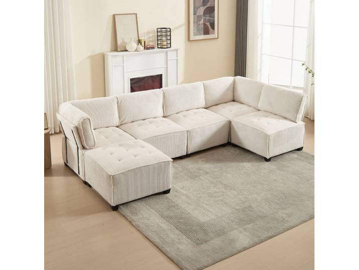 VUENOR canapé modulable 6 places 308 x 154 x 82 cm beige velours côtelé convertible