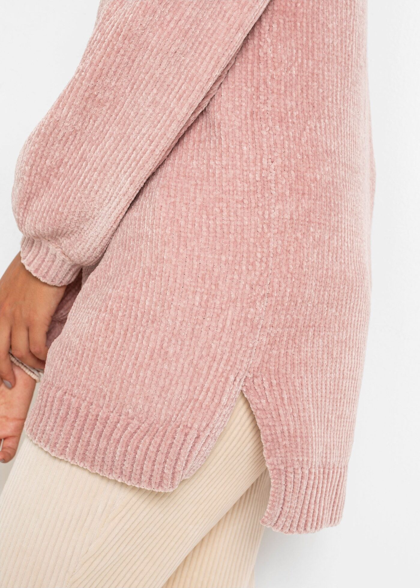 Longpullover BONPRIX "Chenille-Longpullover", Damen, Gr. 44/46 (L), rosa (vintagerosa), Strick, Obermaterial: 100% Polyester, bequem Po-bedeckend, U-Boot-Ausschnitt, weit Strickbund, Pullover Longpullover, aus Chenille, mit breitem U-Boot-Ausschnitt, hint