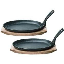 Casativo 2er-Set Profi Servierpfanne aus Gusseisen mit Holz-Untersetzer, 24 x 14 x 2,2 cm, Pfannenset + Topfset, Schwarz