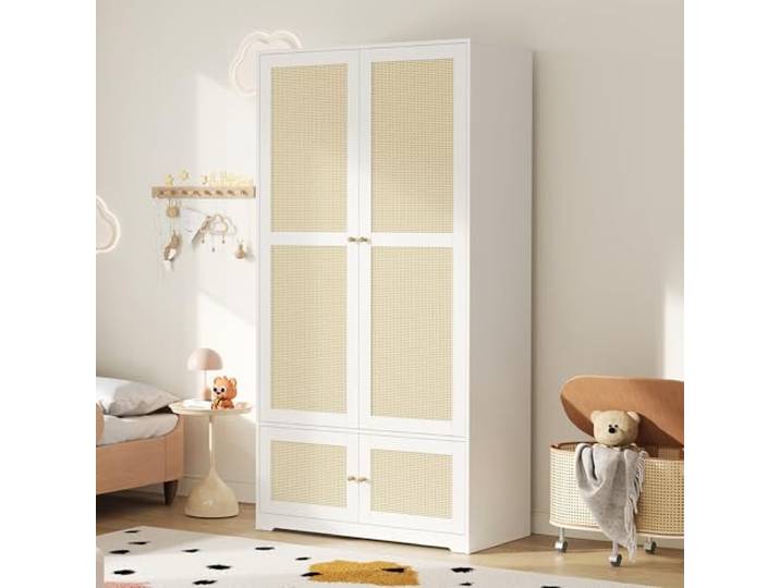 BTM Rattan Kinder Kleiderschrank 2 Türig Kleiderschränke mit Kleiderstange und Stauböden Schlafzimmerschrank Weiß