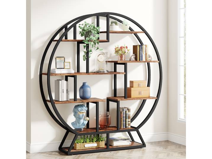 Bibliothèque Tribesigns, bibliothèque ronde Etagere, étagère à livres industrielle en bois de 160 cm avec étagères décalées