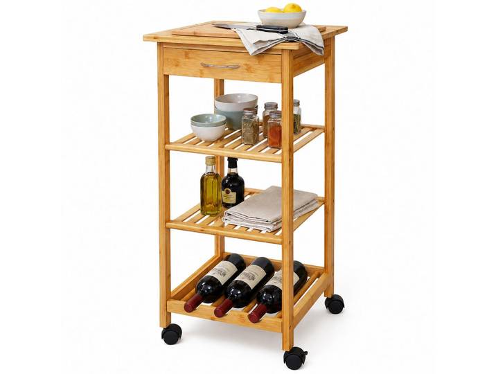 Relaxdays Küchenwagen Natur Schwarz Bambus 4 Ebenen, Beige, Holz, Metall, Kunststoff, 39x85x39 cm, Esszimmer, Servierwagen