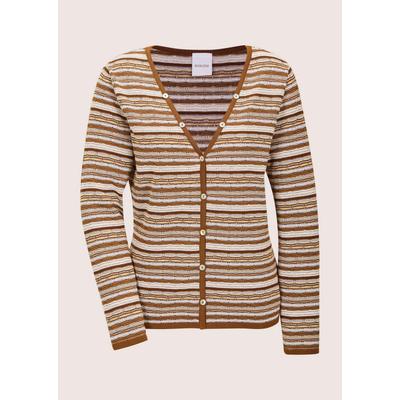 Strickjacke MADELEINE "Cardigan Modische Strickjacke mit Streifenmuster", Damen, Gr. 44/46, weiß (macchiato, perlweiß, multicolor), Obermaterial: 100% Baumwolle CO., Modern, normal, V-Ausschnitt, Strickjacken Strickjacke