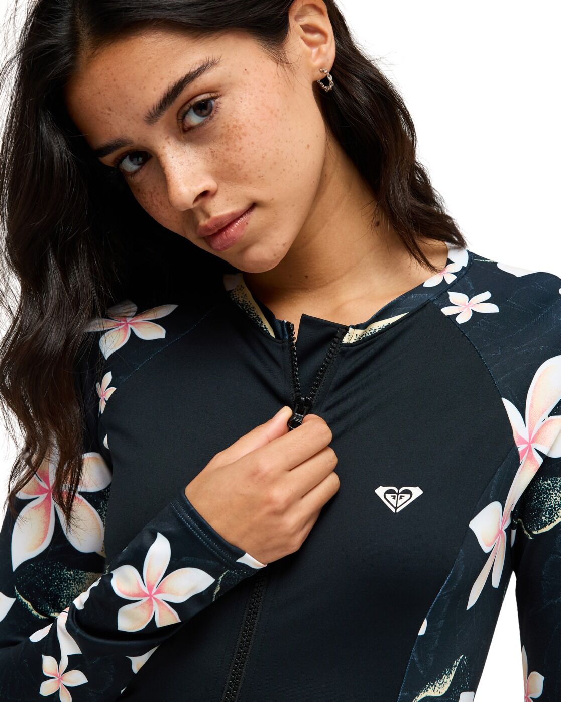 Rash Guard ROXY "Ls Zip Lycra", Damen, Gr. S, bunt (anthrazit hibiscus real s), Obermaterial: 85% Polyester, 15% Elasthan., Shirts Rash Guard