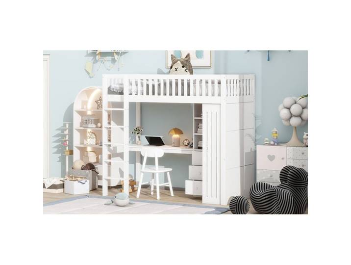 lit adulte mezzanine 90x200 avec bureau rangement escalier pin blanc EVRYAE