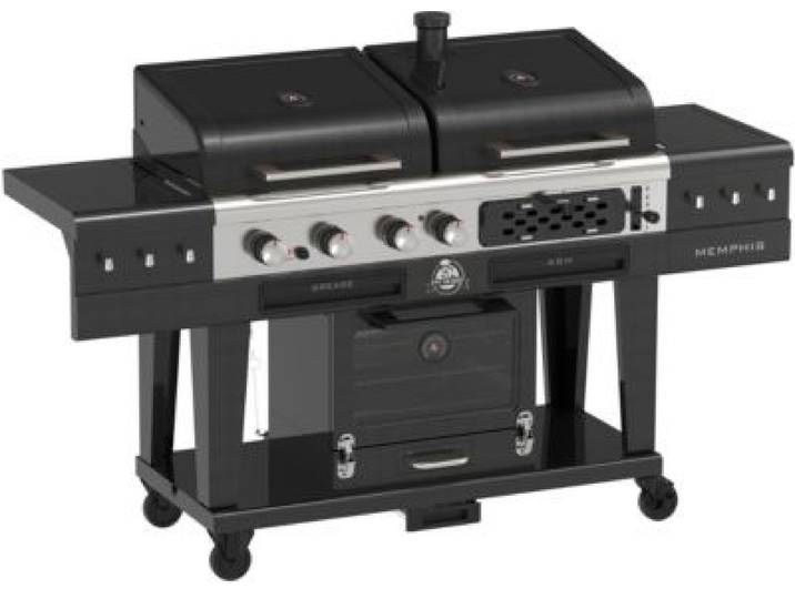Pitboss - Barbecue Gaz Memphis 2.0, Sur Chariot , Une Zone De Cuisson Gaz, Une Charbon Et Un Fumoir Électrique 3 Étages.