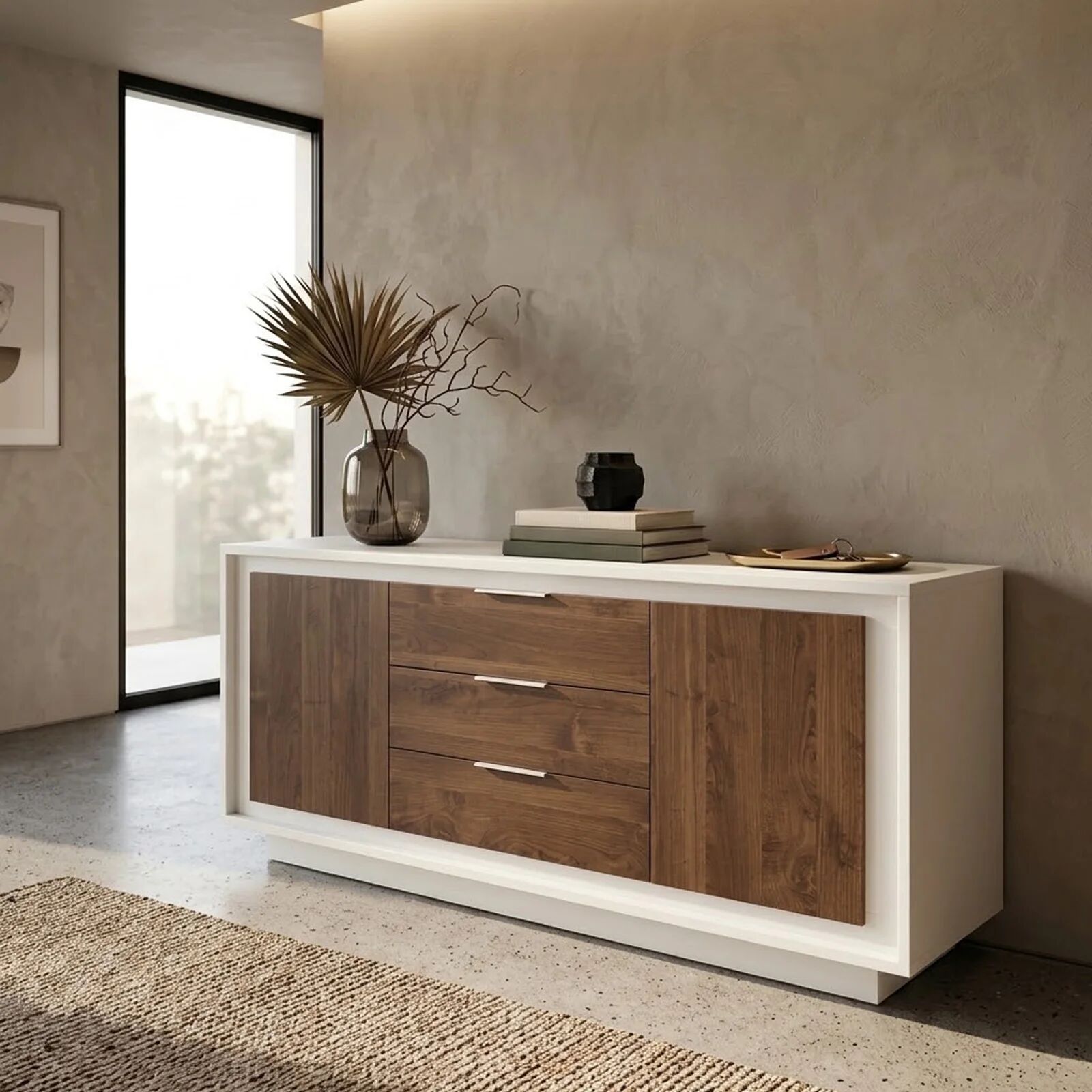 garneroarredamenti Madia 180x80h cm 3 cassetti 2 ante moderna bianco opaco rovere scuro Deluxe